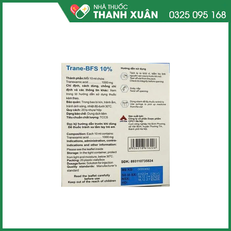 Trane-BFS 10% dùng phòng và điều trị chảy máu do tiêu fibrin toàn thân hoặc cục bộ, trong rong kinh, tiêu hóa, tiết niệu và nhiều phẫu thuật khác